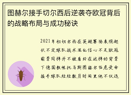 图赫尔接手切尔西后逆袭夺欧冠背后的战略布局与成功秘诀